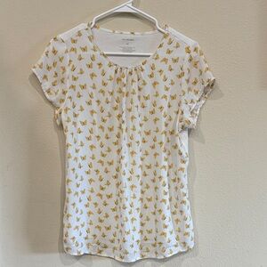 Van Heusen White Blouse With Yellow Butterfly Print Poly Front Cotton Back Med